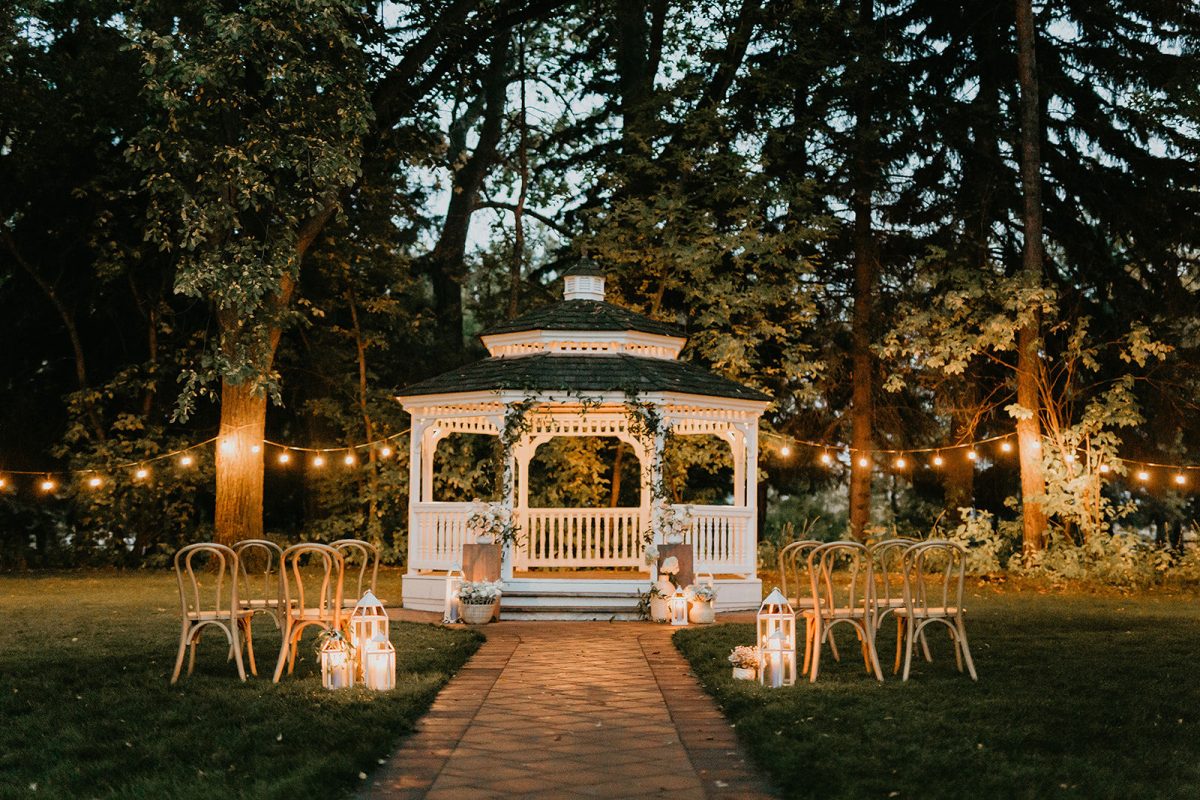 Gazebo with string lights at the Norland Historic Estate - An outdoor wedding venue in Alberta